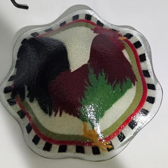 Vintage Peggy Karr Rooster Fluted Glass Bowl Signed Checkered Edge Metal Stand - Picture 6 of 10